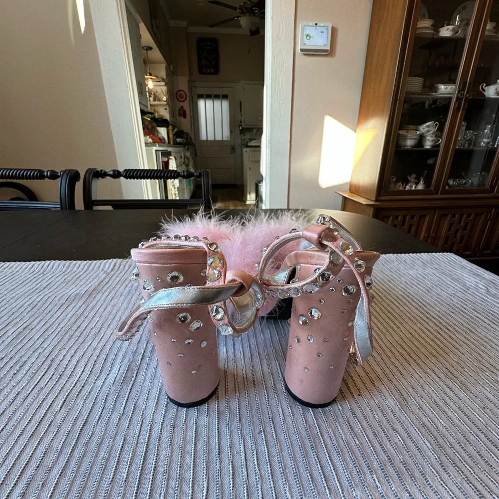 Dolls Kill Blush Pink Feathered Crystal Block Heel Sandals - Picture 2 of 9